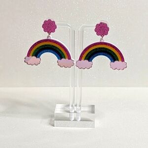 Rainbow With Clouds Glitter Acrylic Drop Earrings